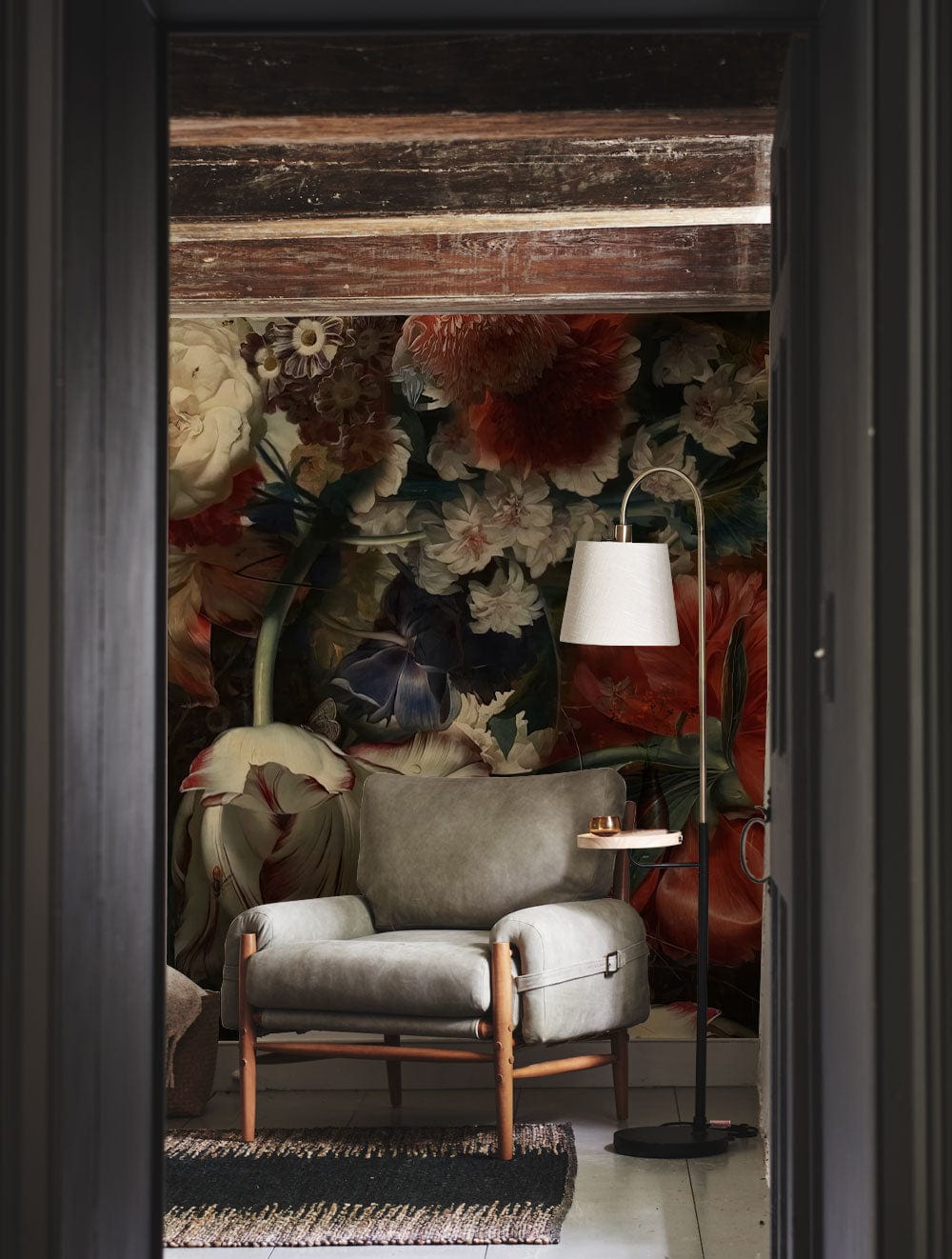 Traditional Wallcovering with Dark Flowers Mural Used for Decorating the Hallway