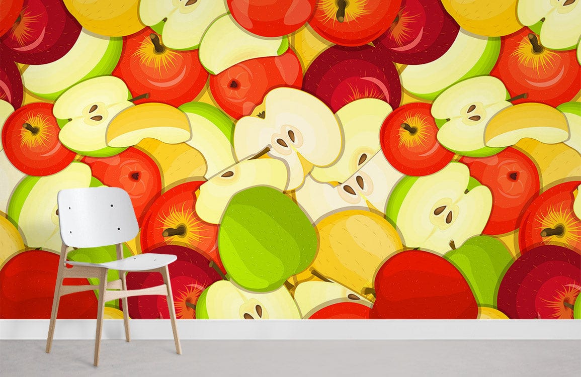 wallpaper with a fruit pattern of colored apples