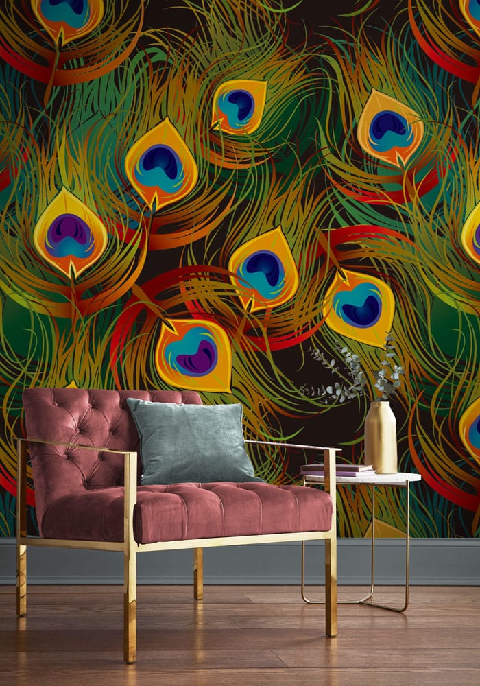 Hallway Decoration Featuring a Colorful Peacock Feather Wallpaper Mural