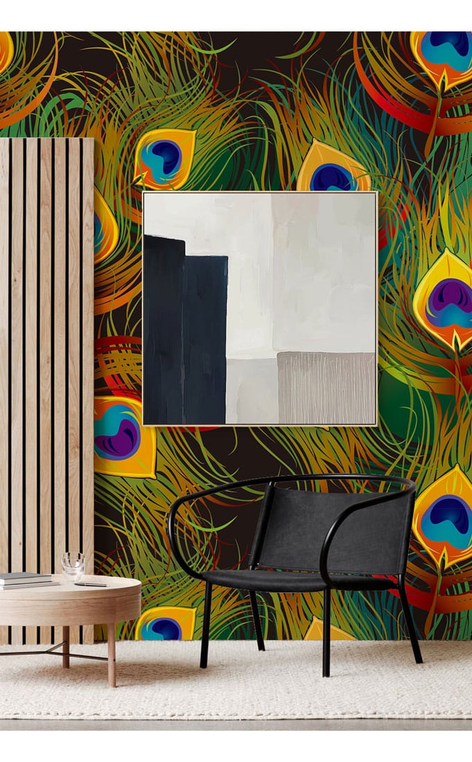 Wallpaper mural featuring a colourful peacock feather design, perfect for use in the hallway.