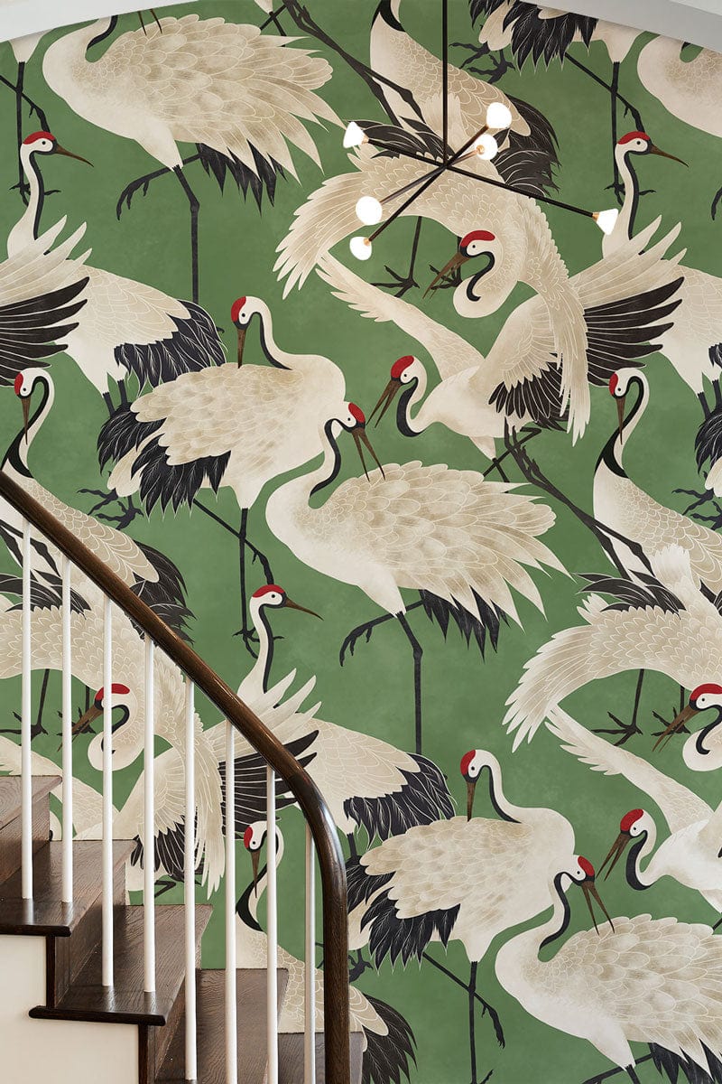 Stunning Crane Wall Mural in Green to Brighten Up Your Foyer