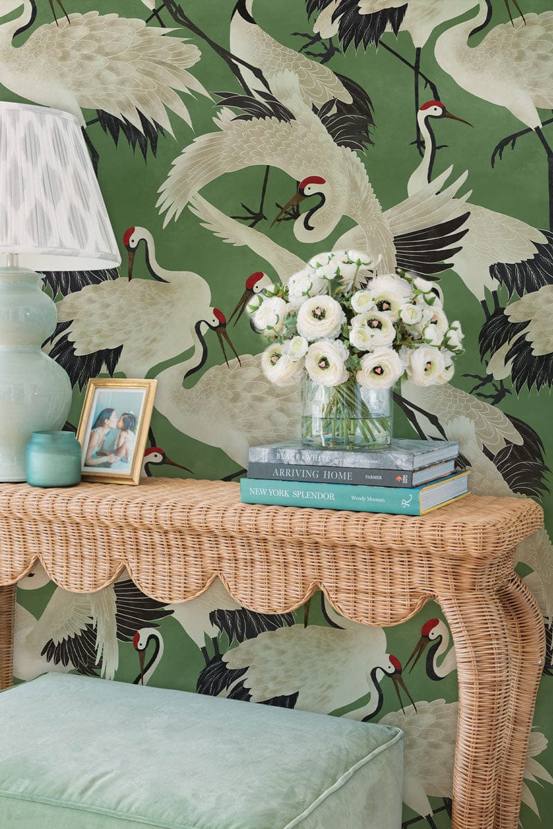 Crane Mural Wallpaper in Green for the Foyer