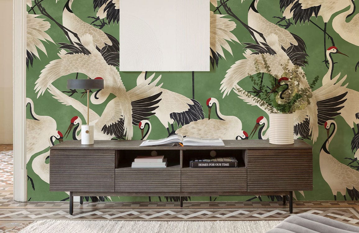 Decorative Cranes on a Leafy Green Wallpaper Mural for the Living Room