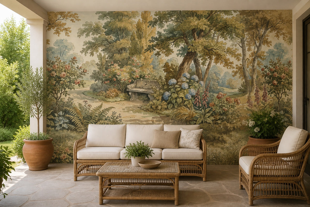Cream Woodland Bench Garden Wallpaper Mural - 11