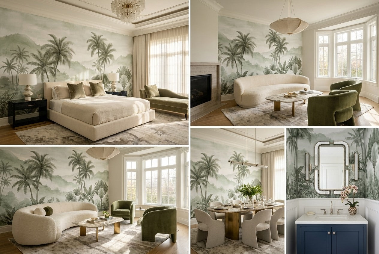 Mint Palm Hand-Painted Jungle Wallpaper Mural interior scene