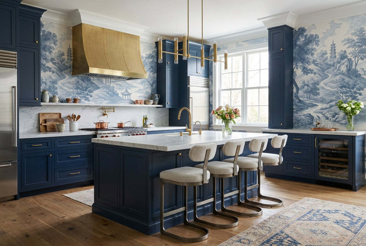 Blue Toile Bridge Chinoiserie Wallpaper Mural - 7