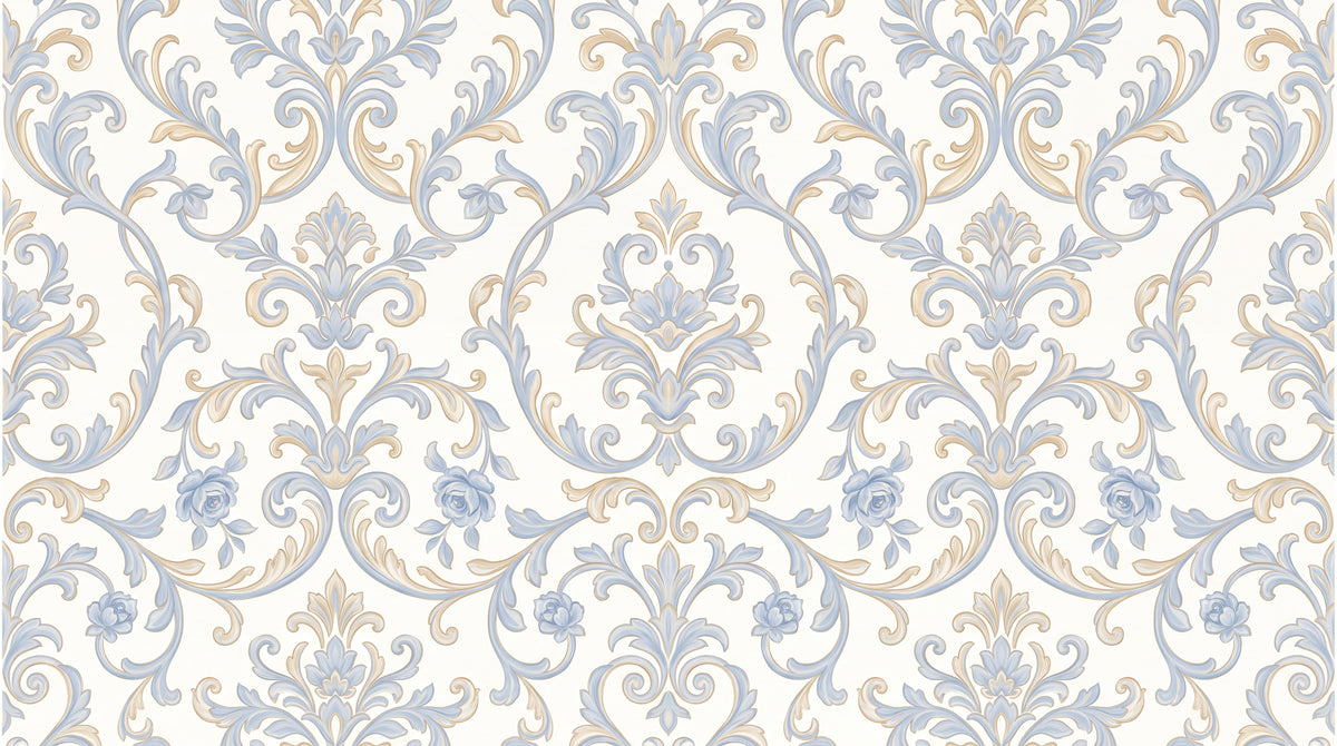 Refined Blue Gold Damask Scrolls Wallpaper Mural - image 5