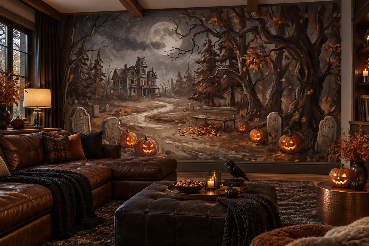 Haunted Mansion Graveyard Pumpkins and Moon Halloween Wallpaper Mural - image 4