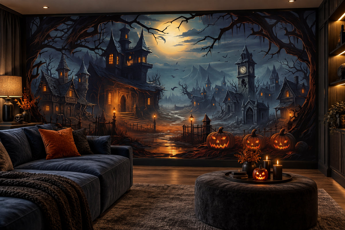 Haunted Castle Pumpkins Under Full Moon Halloween Wallpaper Mural room scene