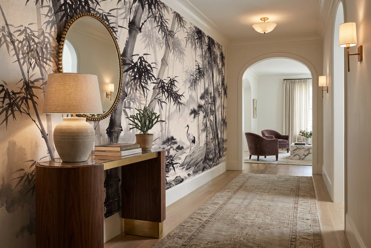 Bamboo Forest Cranes Black Wallpaper Mural - image 6