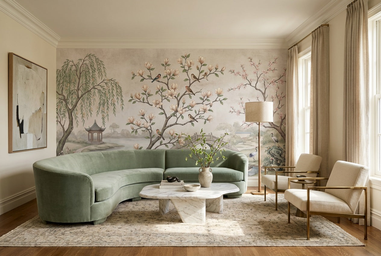 Ivory Magnolia Tree Chinoiserie Wallpaper Mural - 7