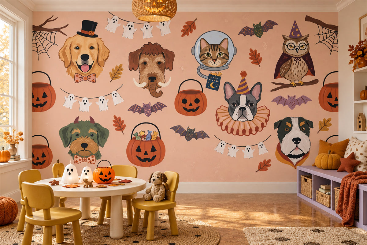 Halloween Dogs Cats Owls and Pumpkins Wallpaper Mural - image 4
