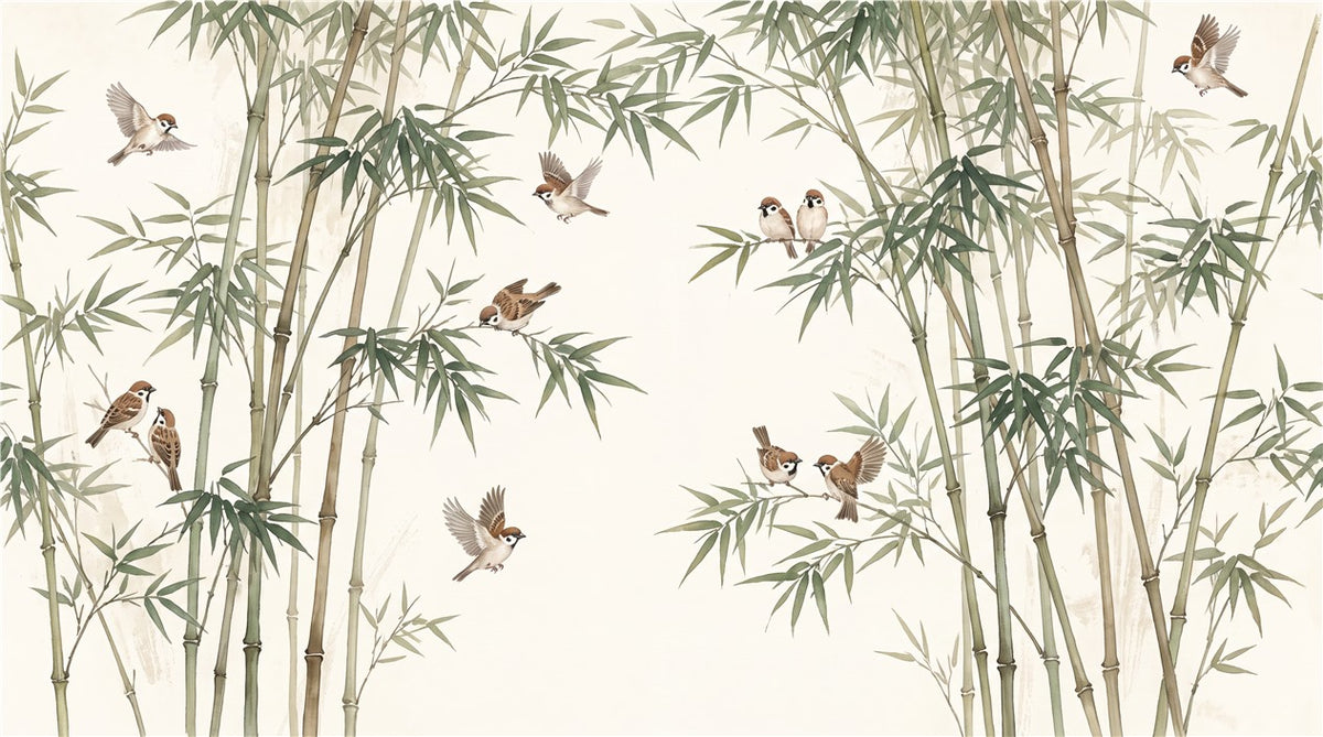 Bamboo Forest Sparrows Olive Wallpaper Mural - image 5