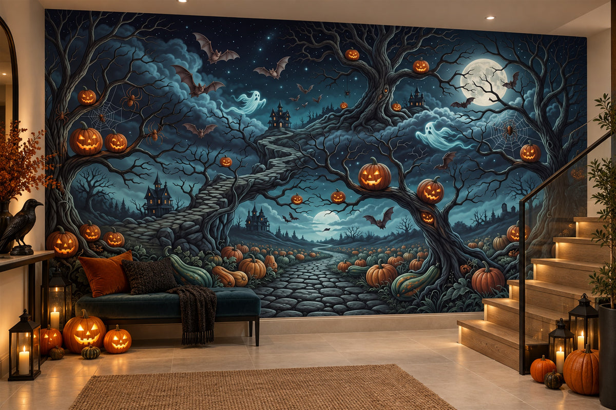 Twisted Pumpkin Trees and Moonlit Path Halloween Wallpaper Mural - image 4