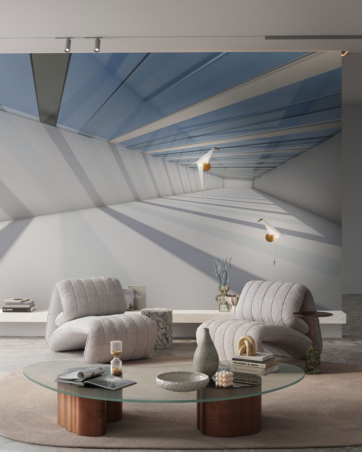 Skylight Perspective View Mural Wallpaper in living room