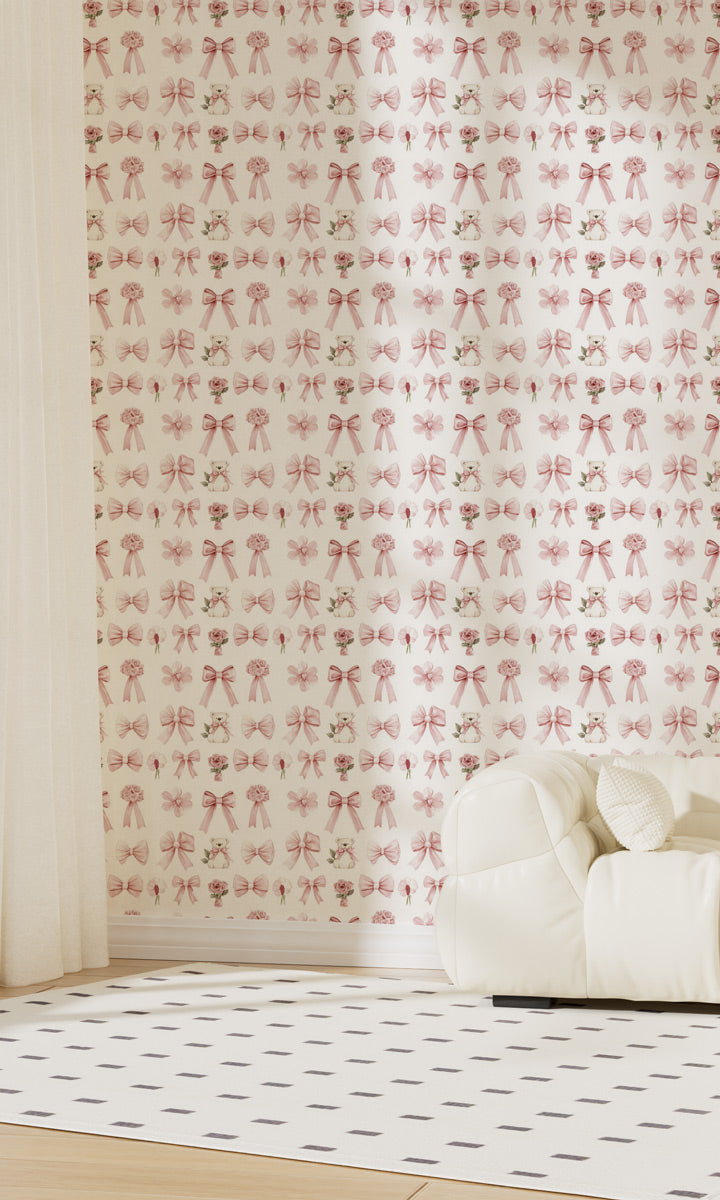 Whimsical Bows and Blooms Mural Wallpaper in living room