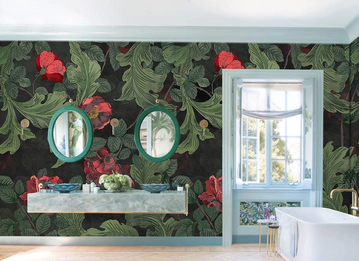 custom green leaf and red flowers pattern wallpaper mural for bathroom