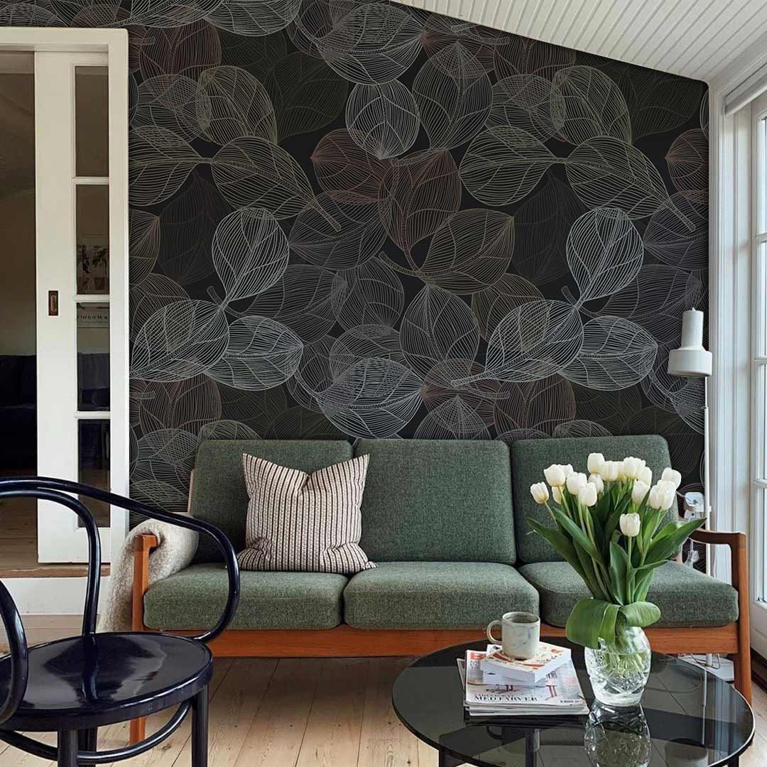 Lined Leaf black background mural wallpaper for living room