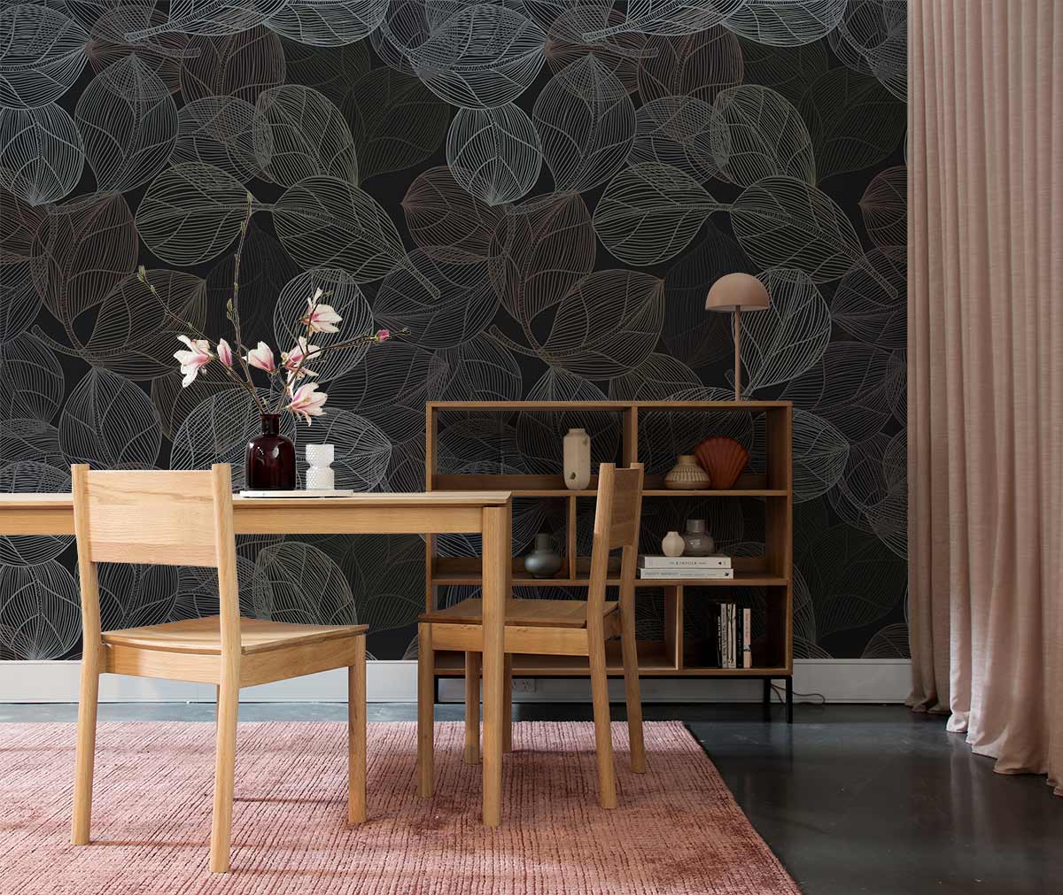 Lined Leaf black background mural wallpaper dining room