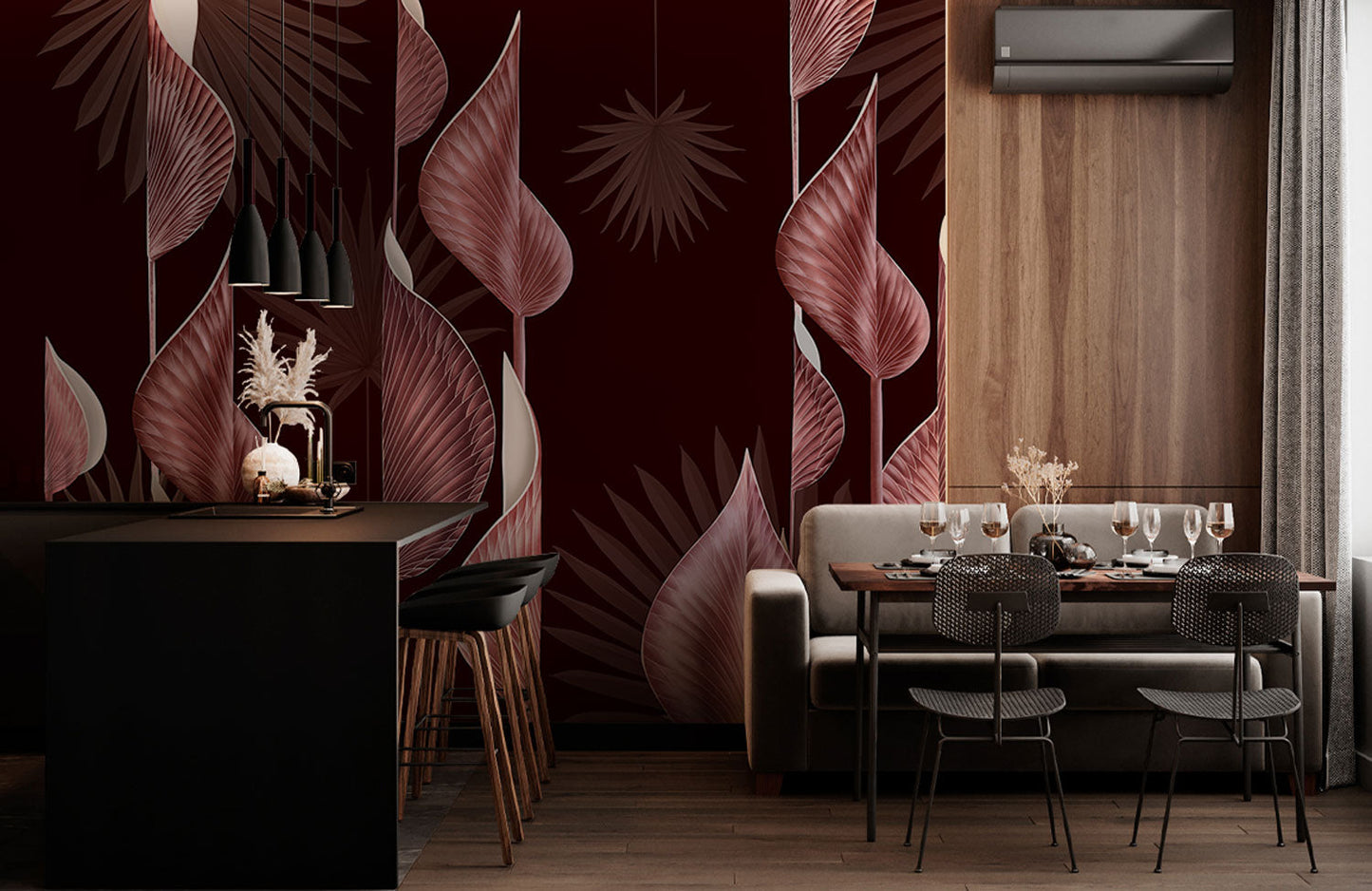 pink metal leaves pattern wall mural art design