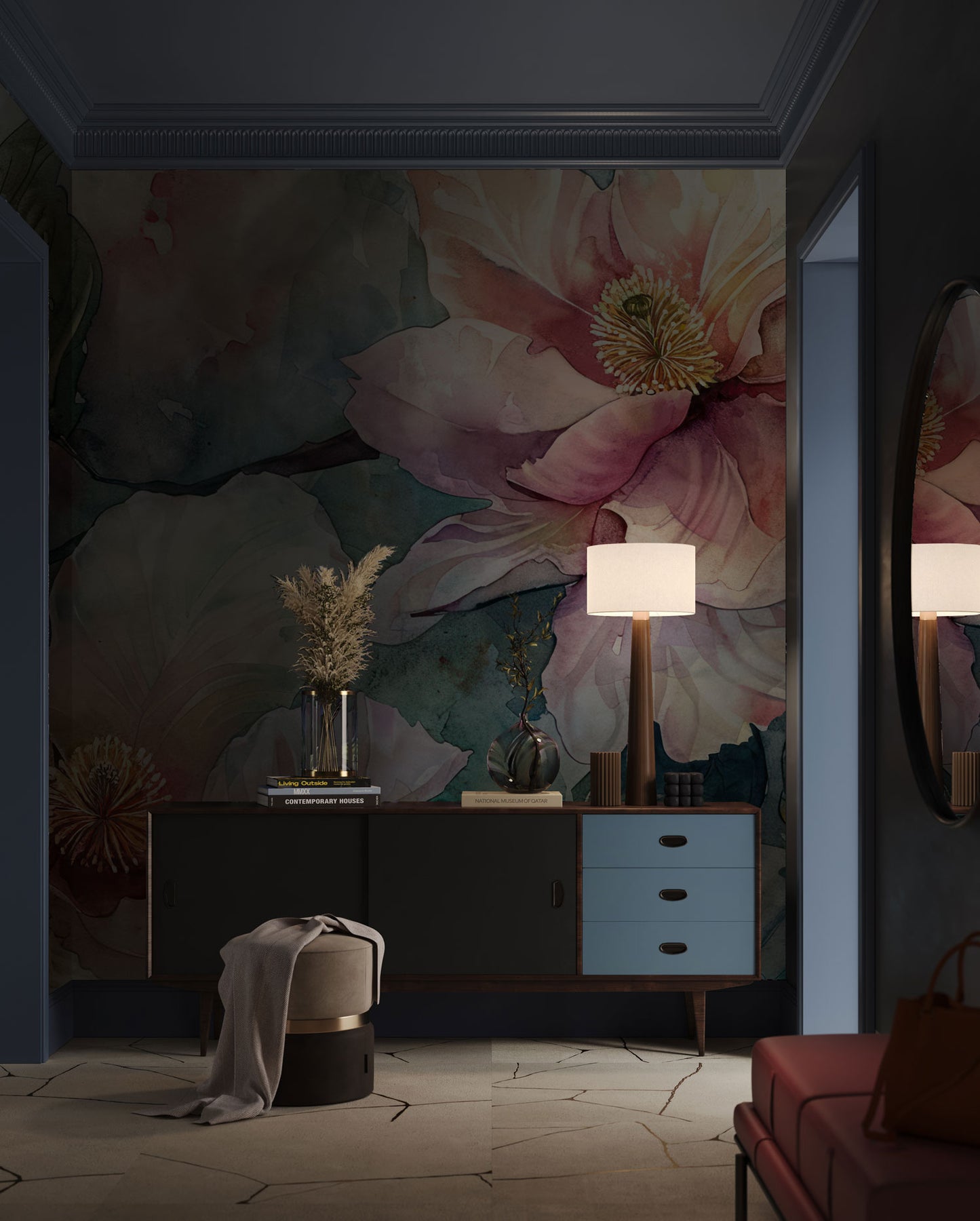 Elegant Watercolor Floral Art Wallpaper in entryway