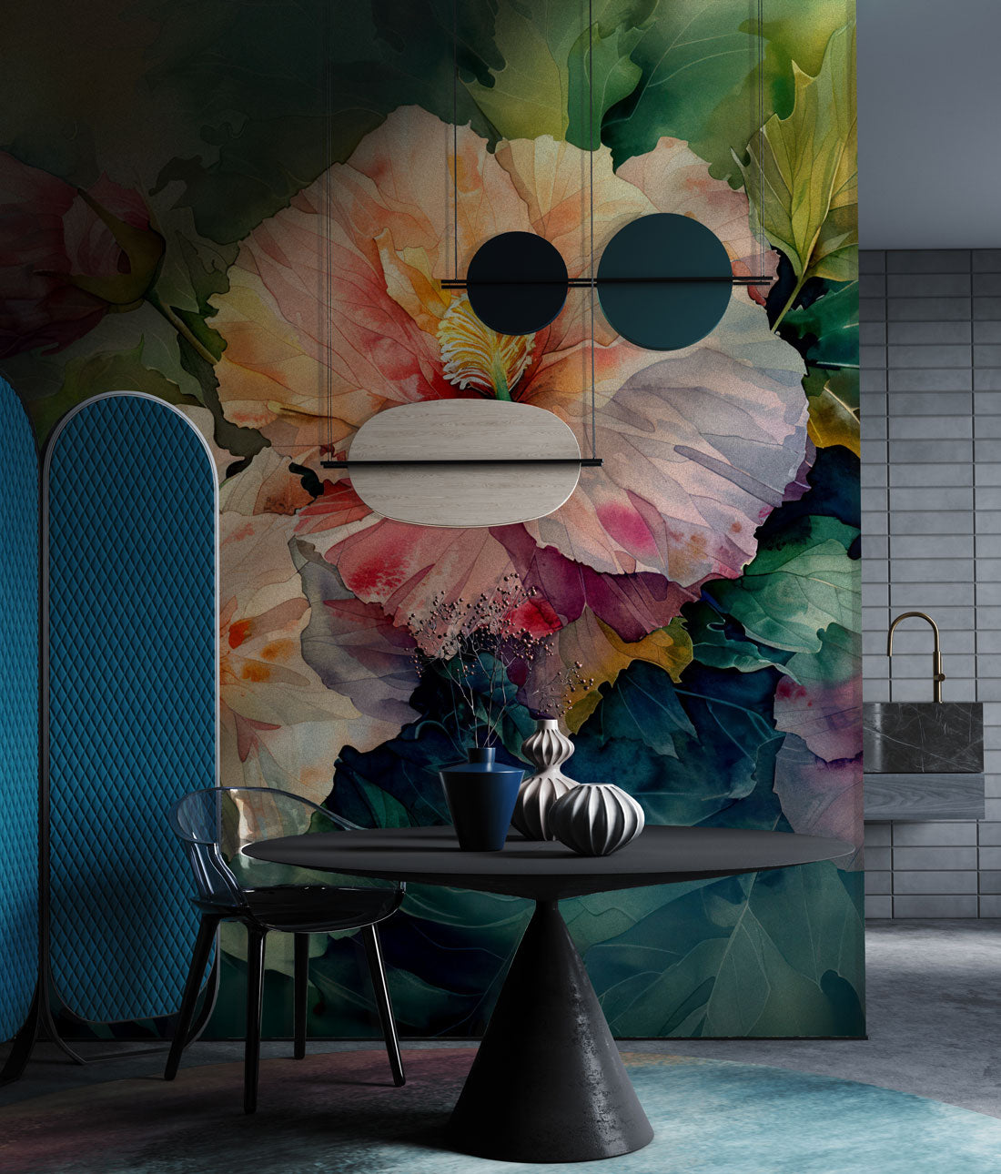 Elegant Tropical Large Floral Wallpaper in dining room