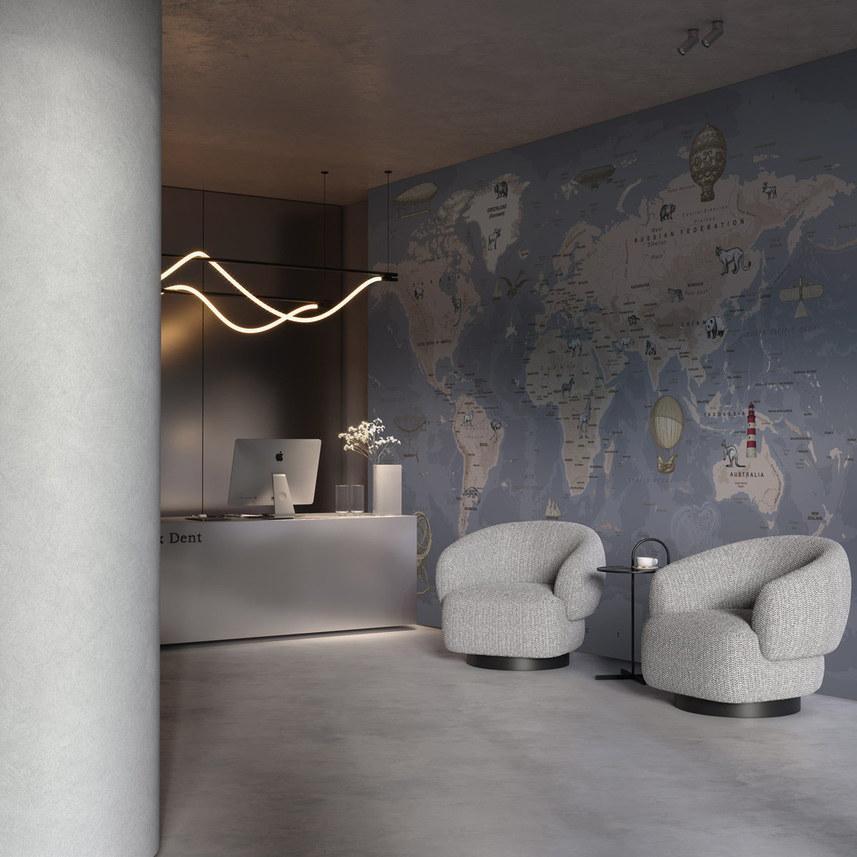 Vintage World Map Animals Wallpaper in office
