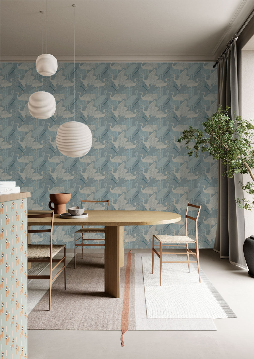 Icy Cranes Harmony Mural Wallpaper in dining room