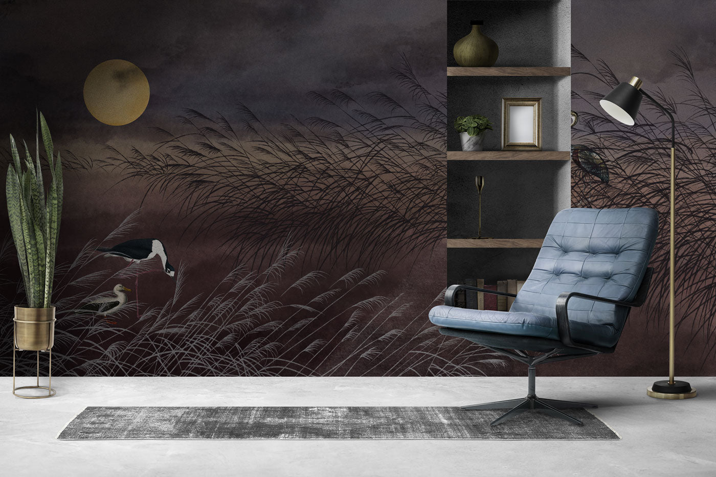 Moonlit Reeds & Cranes Mural Wallpaper in living room