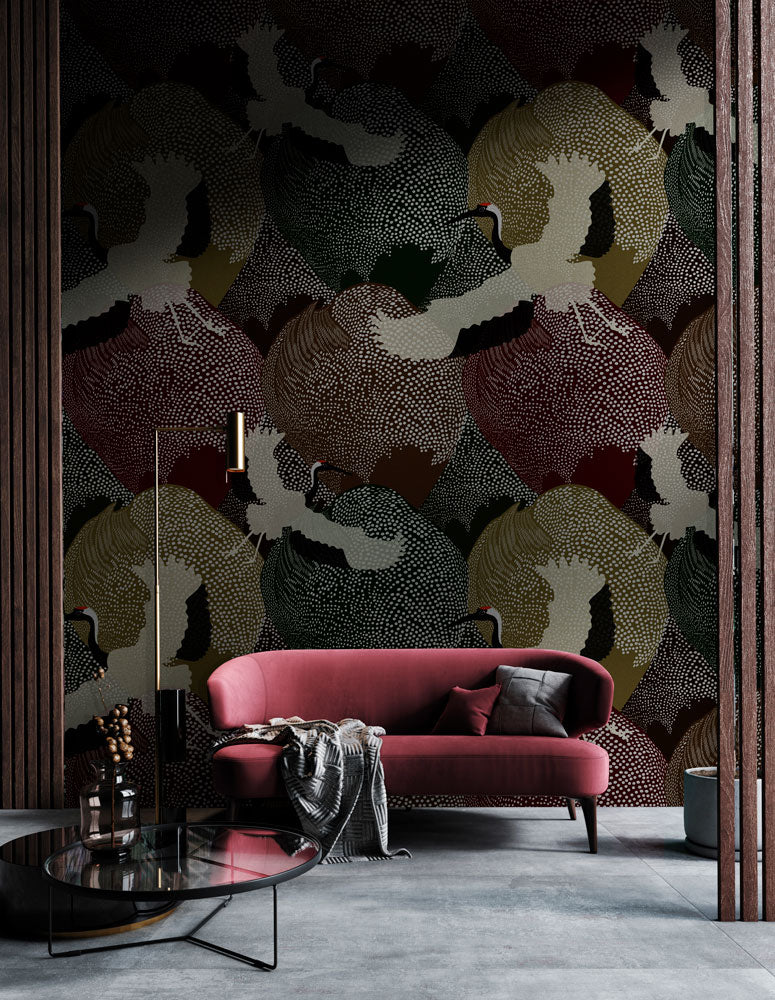 Cranes Over Peaks Mural Wallpaper in living room