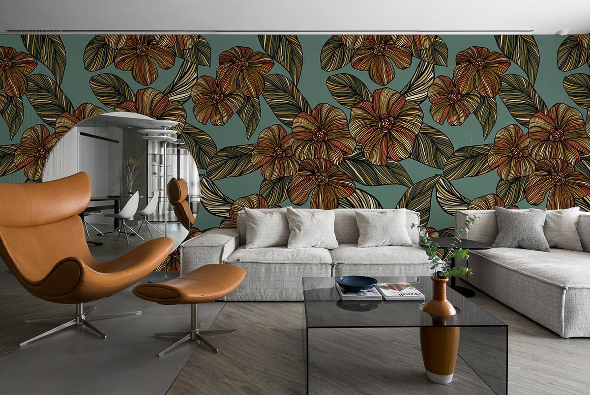 embroidery flowers on turquoise mural wallpaper for hallway