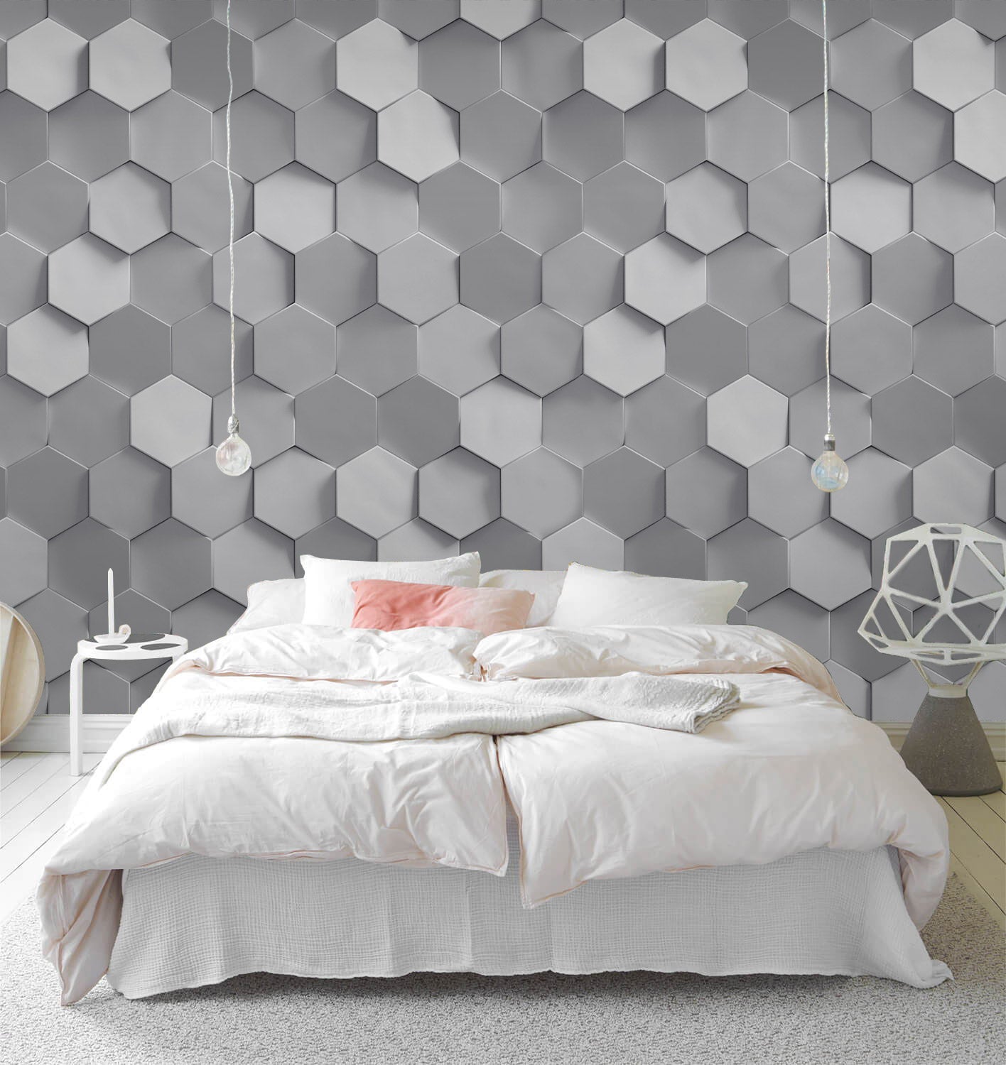 Monochrome Hexagonal Elegance Mural Wallpaper in bedroom