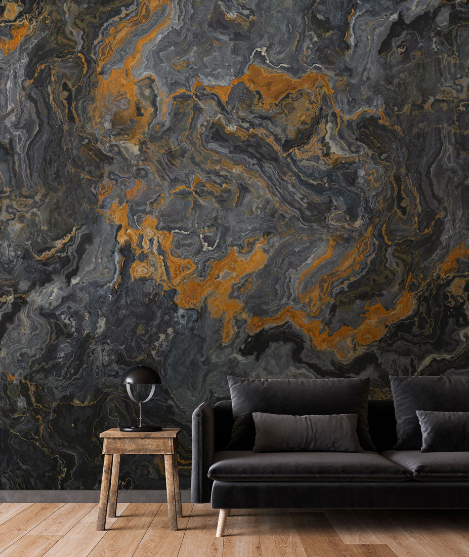 Midnight Gold Marble Mural Wallpaper in living room
