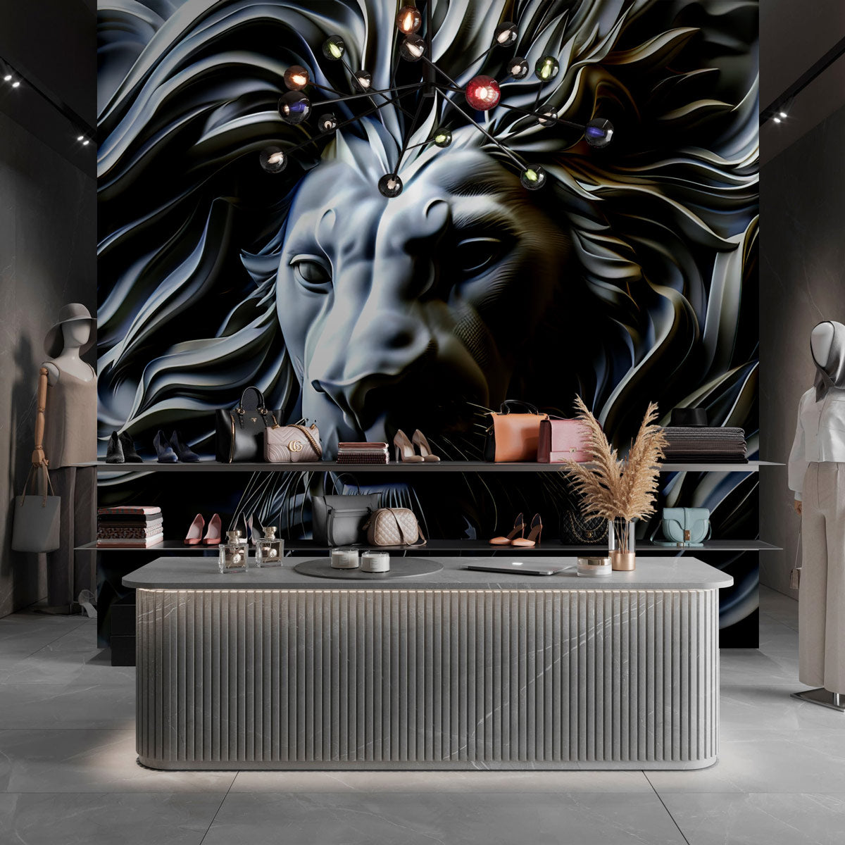 Majestic Lion Art Mural Wallpaper in retail store
