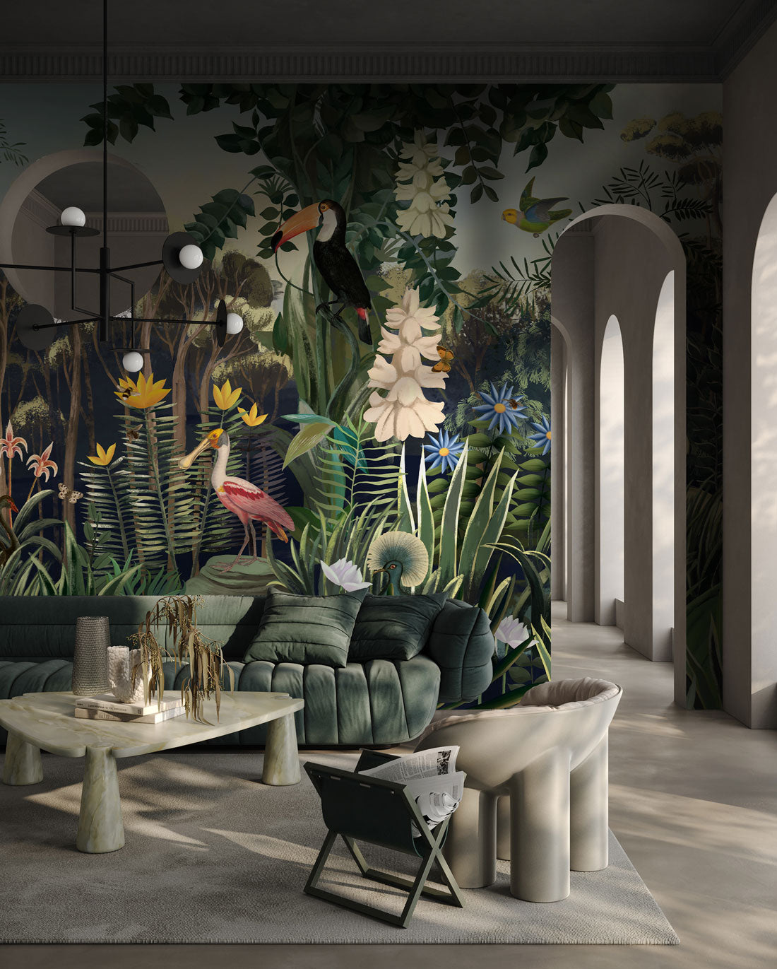 Lush Tropical Jungle Wildlife Wallpaper in living room