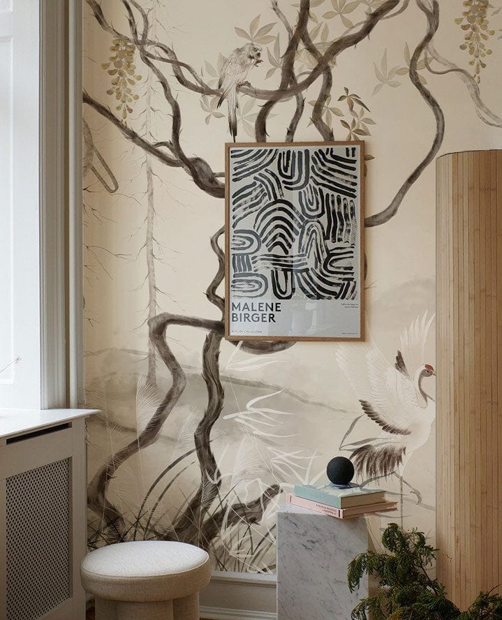 Wallpaper mural featuring fairy cranes in a forest setting, perfect for use in decorating a hallway