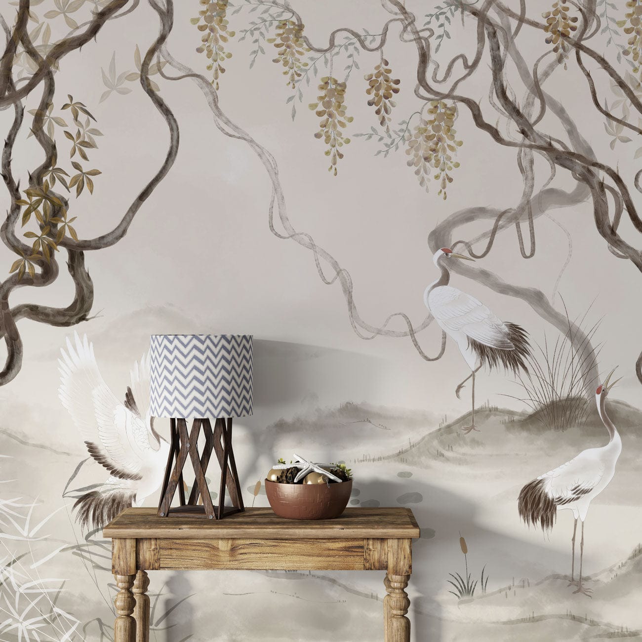 Wallpaper mural for the hallway featuring a scene of fairy cranes flying through a forest.