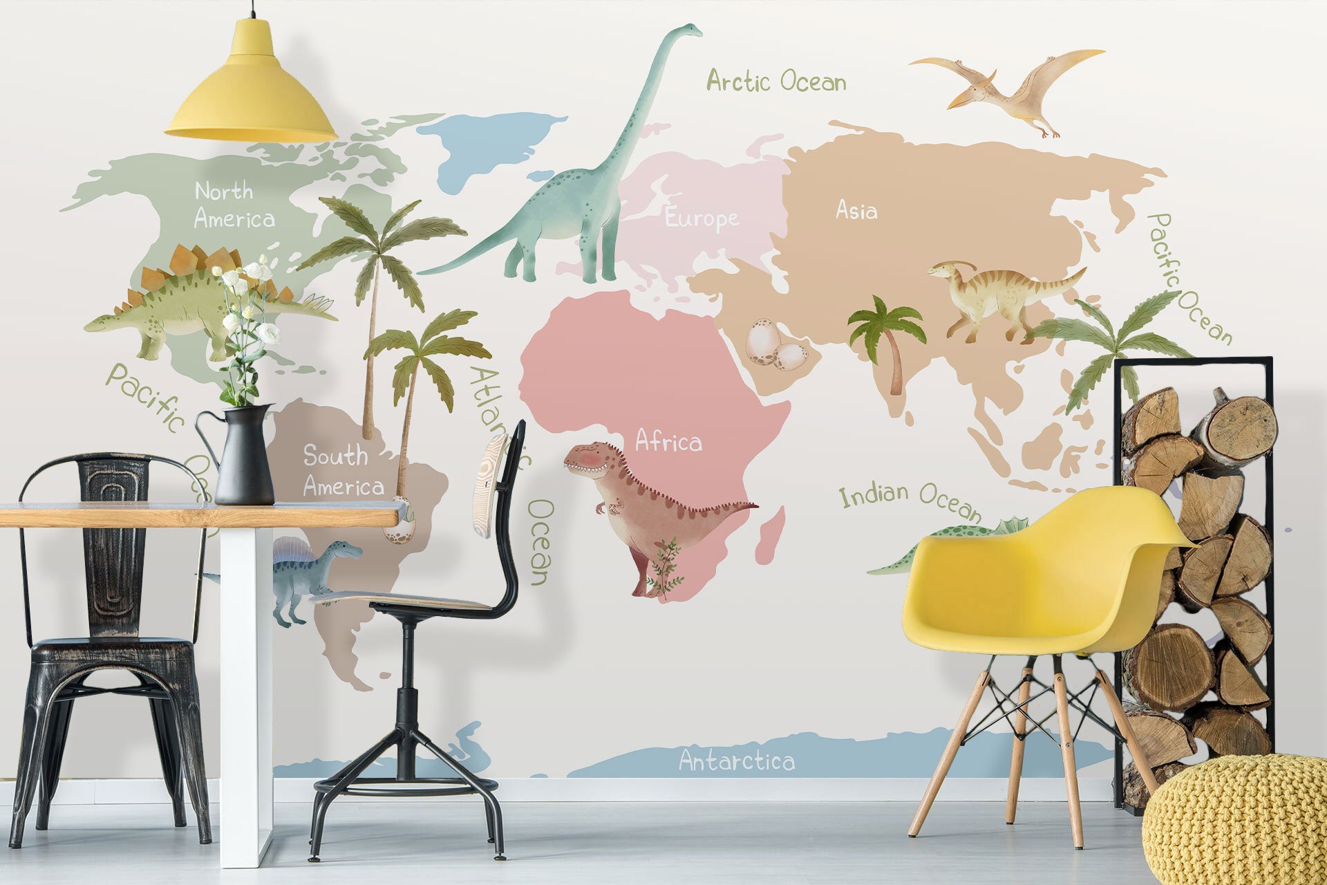 Dinosaur World Map Kids Wallpaper in playroom