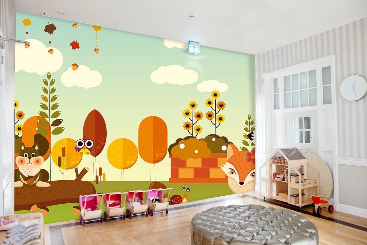 Fox & Squirrel Cartoon Mural Wallpaper Custom Idea