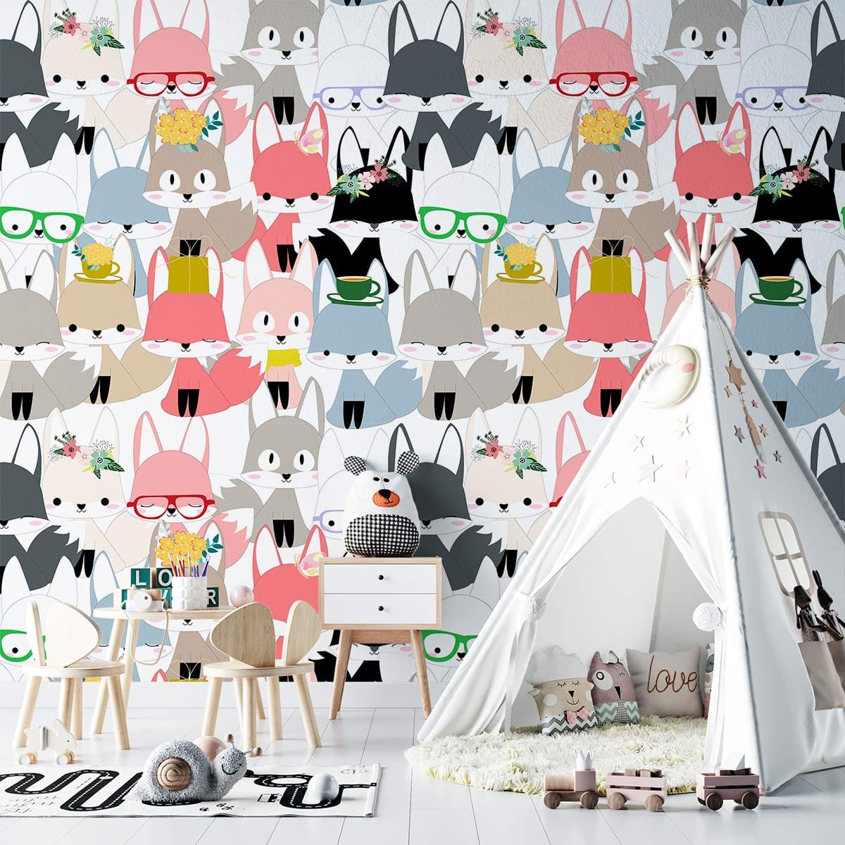 cartoon foxes wallpaper mural for children's room