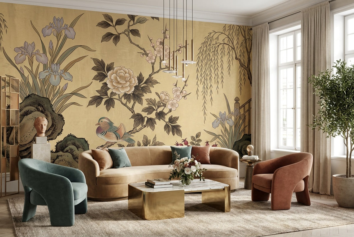 Gold Iris and Bird Chinoiserie Wallpaper Mural - 6