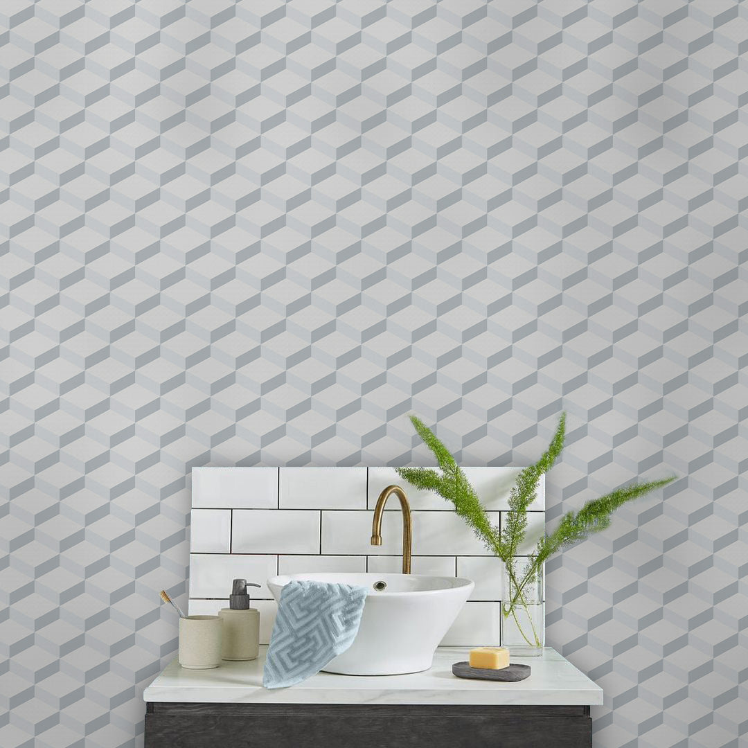Blue Geometric Harmony Mural Wallpaper in bathroom