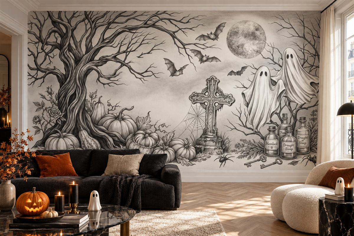 Ghosts Pumpkins Grave Cross and Potion Bottles Halloween Wallpaper Mural - image 4
