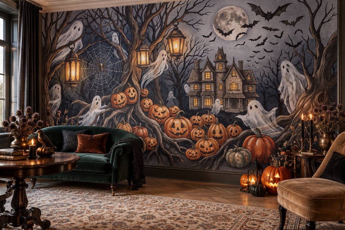Ghosts Pumpkins Lanterns and Haunted House Halloween Wallpaper Mural - image 4