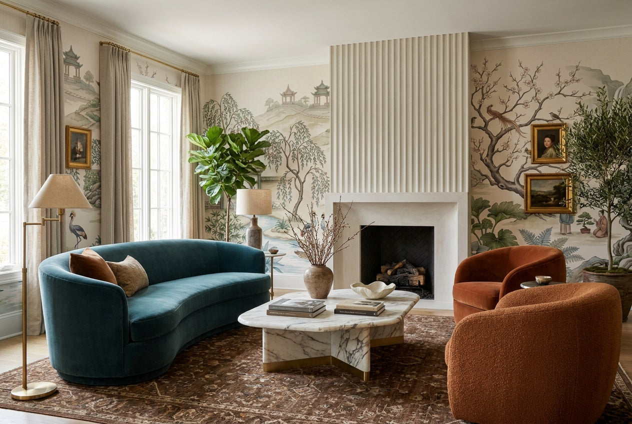 Ivory Cranes and Pavilion Chinoiserie Wallpaper Mural - 6