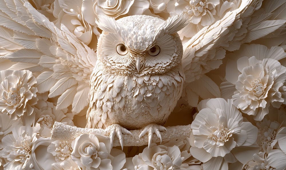 Ivory Owl Blossom Relief Mural Wallpaper