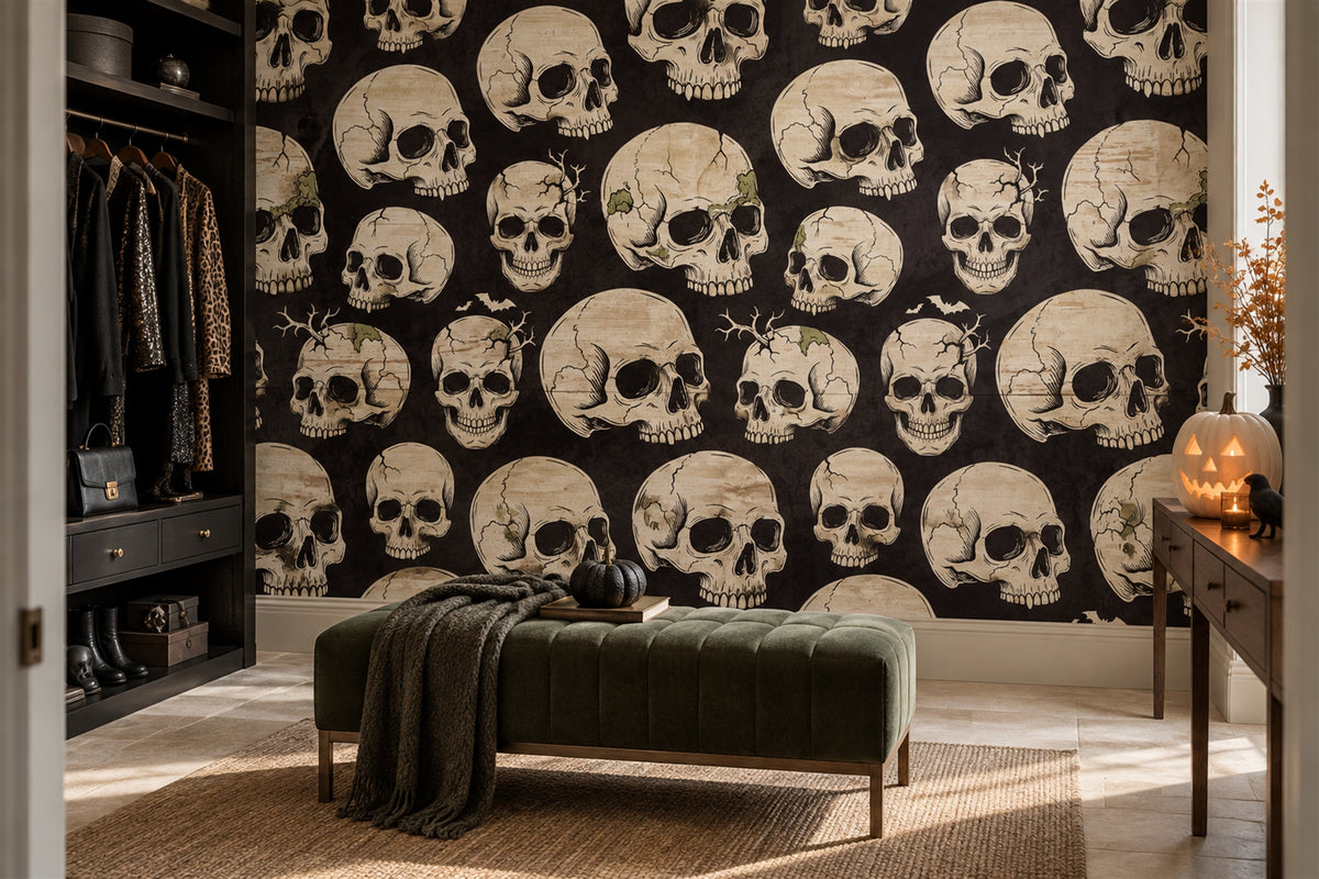 Repeating Human Skulls Halloween Wallpaper Mural room scene