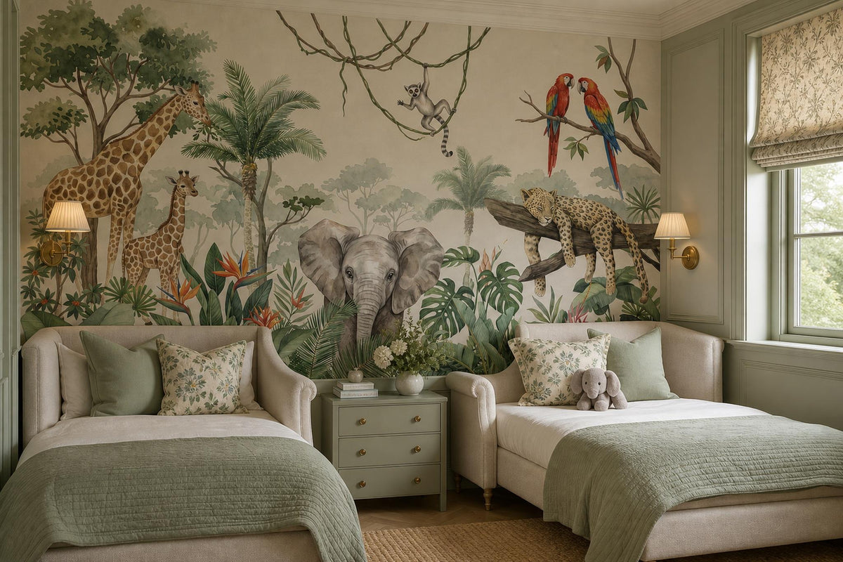 Green Giraffes Elephants Jungle Wallpaper Mural interior view