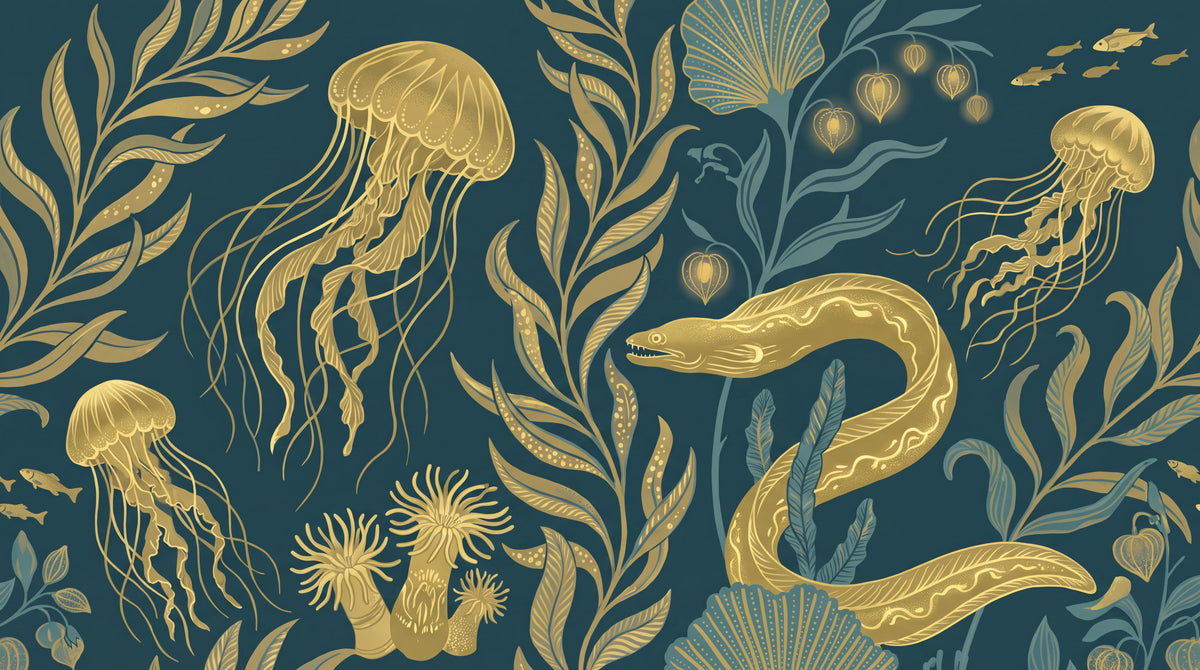 Teal Jellyfish and Sea Life Wallpaper Mural interior view