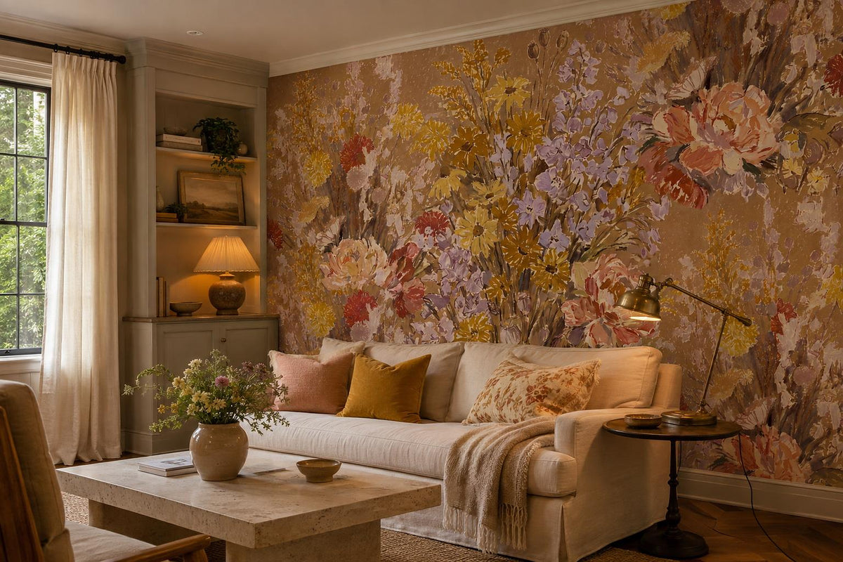 Terracotta Autumn Flower Meadow Wallpaper Mural 5